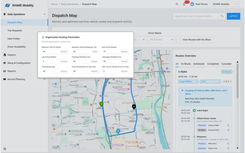 SHARE Mobility route optimization software showing optimized routes on a fleet map