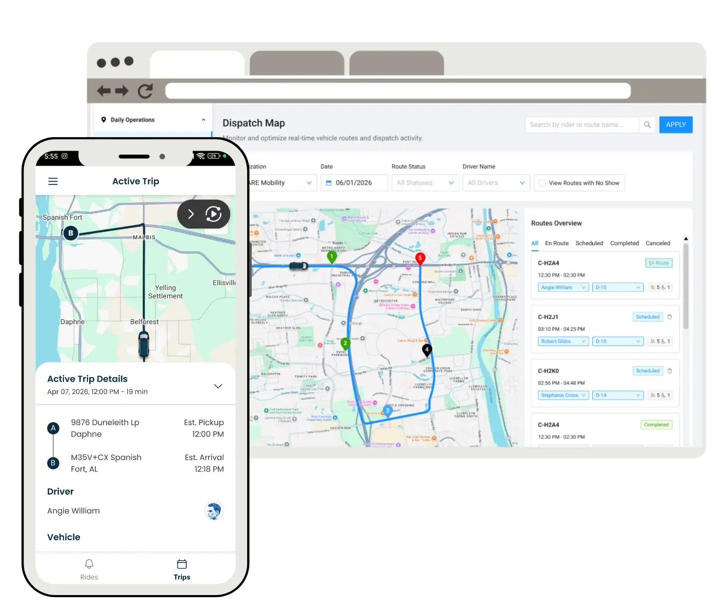 SHARE Mobility platform showing dispatch dashboard and rider mobile app