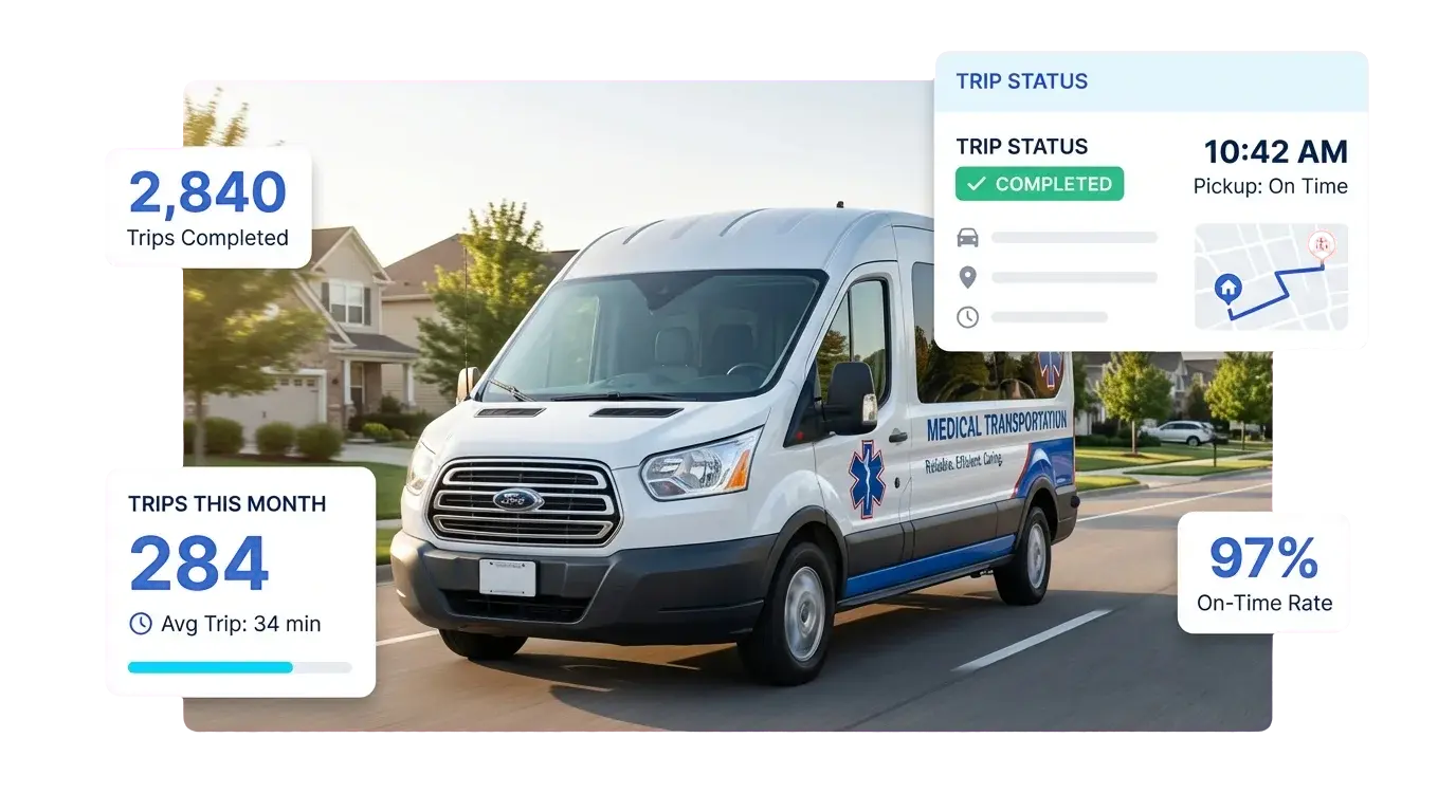 Medical transport van approaching camera with trip completion and on-time data