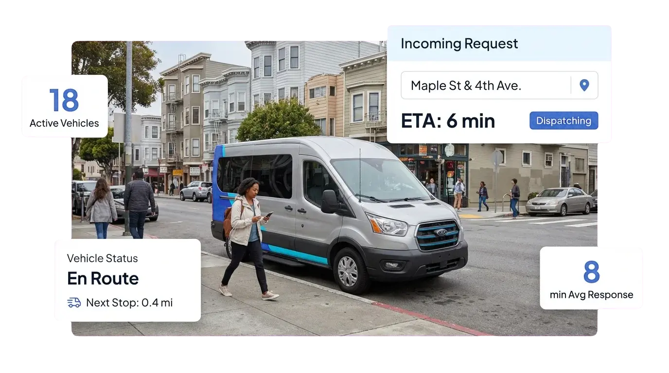 Ford Transit van pulling up to a curb pickup with on-demand trip request data