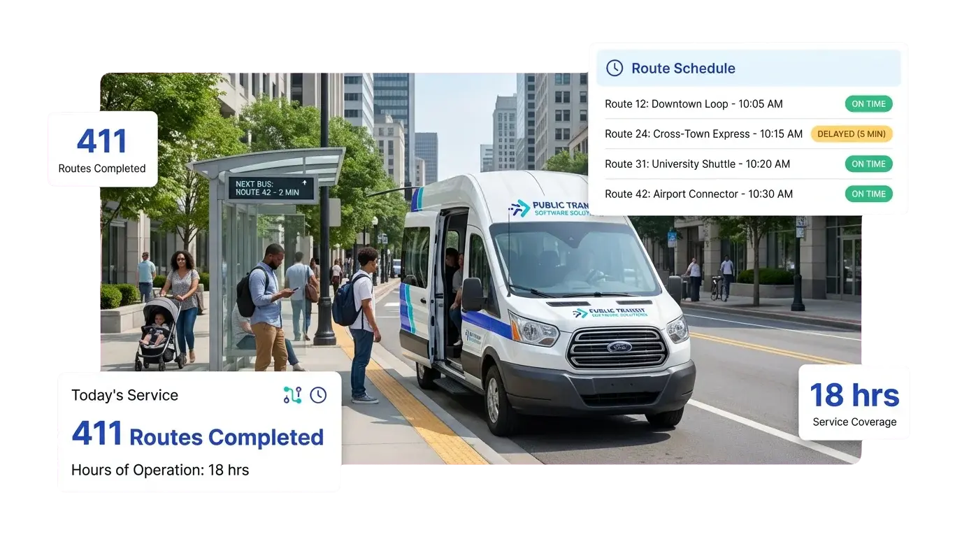 Transit van at a city bus stop with route status and on-time performance data