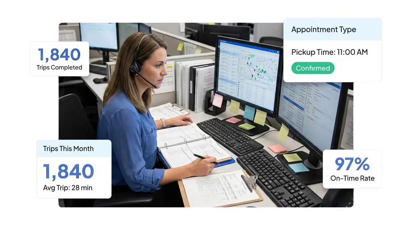 Scheduling coordinator reviewing NEMT trip records with trip status and on-time data