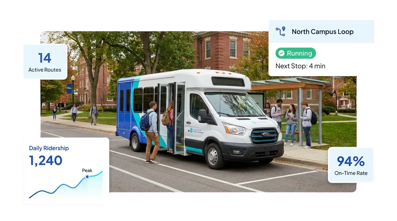 Ford Transit shuttle at a campus stop with students boarding, route status data