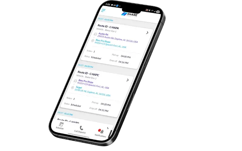 SHARE Mobility driver management app showing route manifest and turn-by-turn navigation