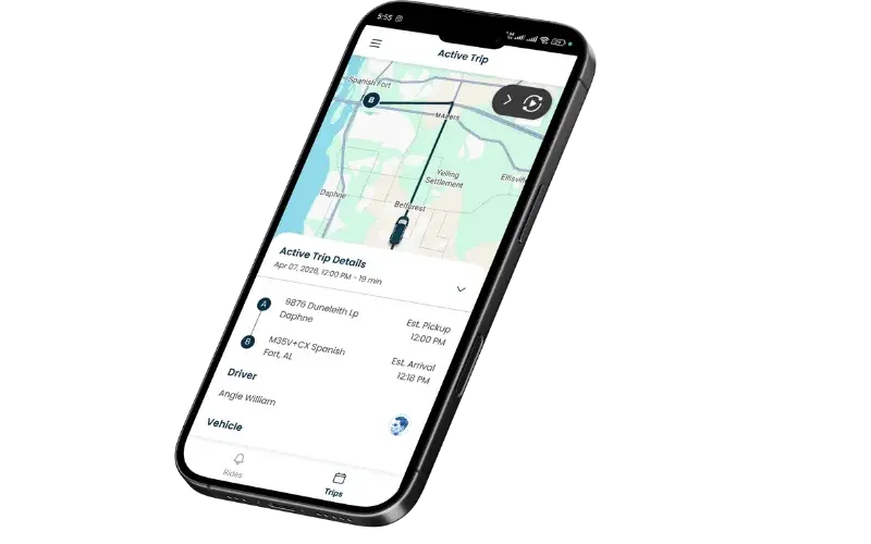 SHARE Mobility rider app showing trip booking and real-time vehicle tracking