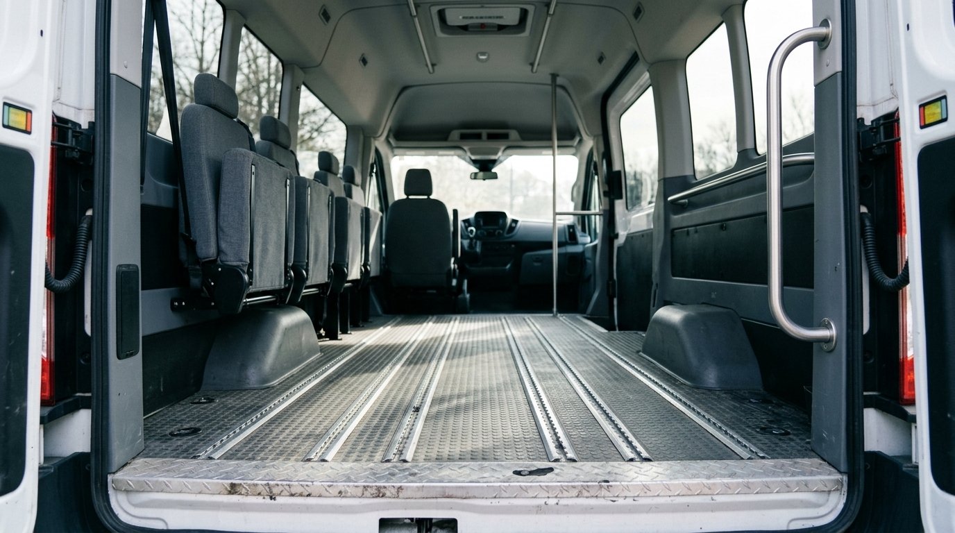 Interior of an accessible paratransit van showing ADA-required features including wheelchair tie-down tracks, grab handles, and fold-down seating