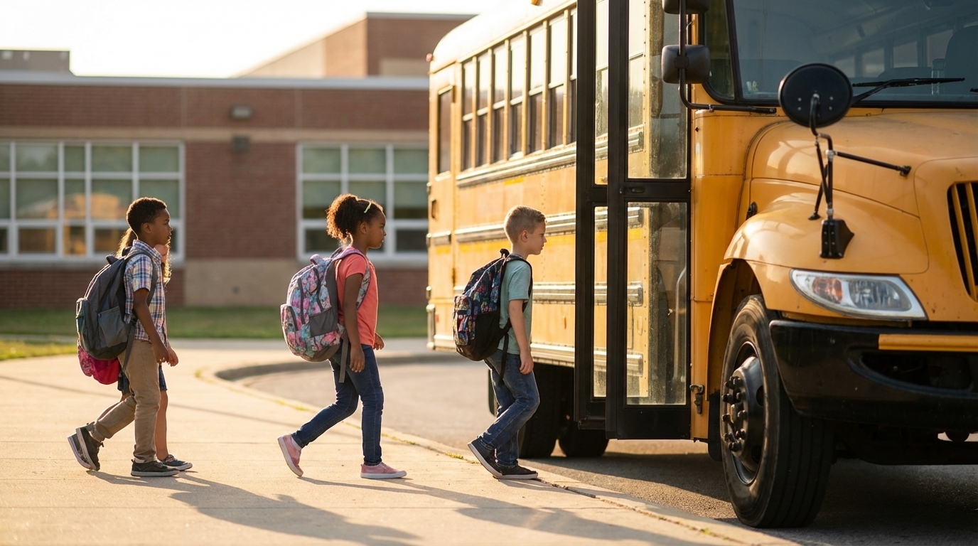 Students boarding a school bus at a suburban school campus during morning pickup