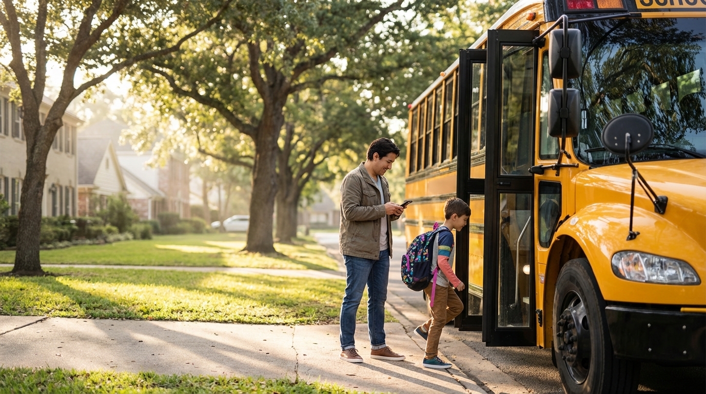 Parent checking phone for school bus tracking updates while child boards at a tree-lined suburban stop