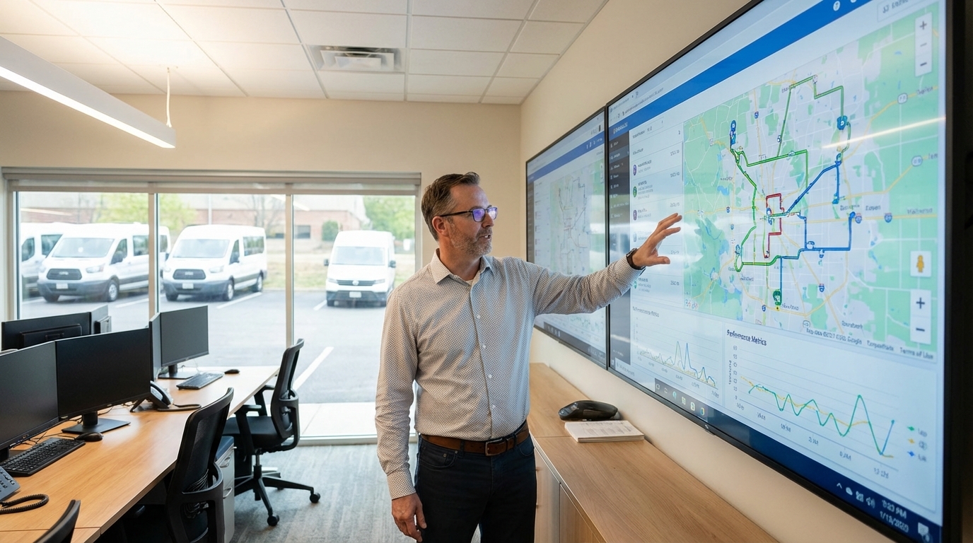 Fleet operations manager reviewing transportation performance metrics on a transit dispatch dashboard
