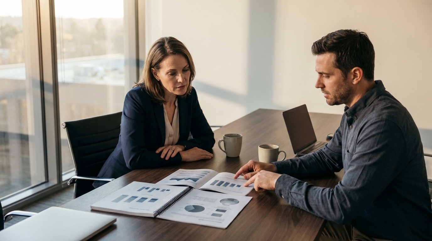 Fleet operator and client reviewing contract performance reports at a quarterly program review meeting