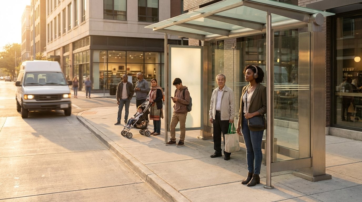 Diverse group of urban riders waiting at a covered transit stop as a microtransit van approaches for on-demand pickup