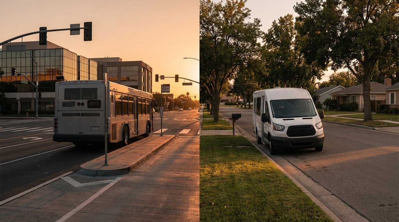 City transit bus at a fixed route stop alongside a small microtransit van at a residential curb, contrasting two transit service models