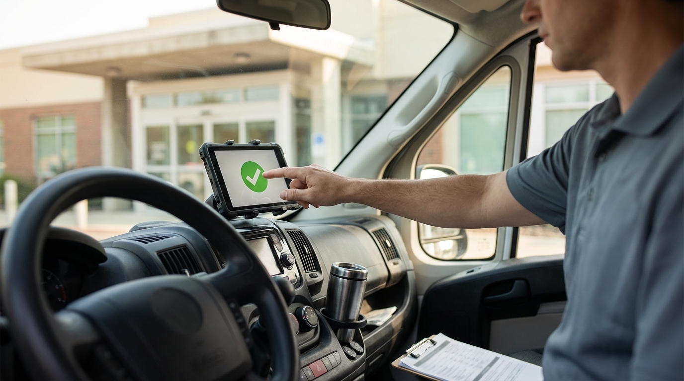 NEMT driver tapping trip-completion confirmation on a dashboard tablet inside a transit van with a medical facility visible through the windshield