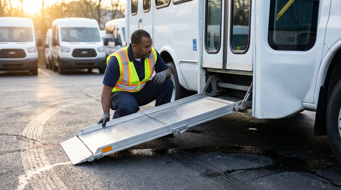 Paratransit driver inspecting a deployed wheelchair ramp in a fleet yard before beginning service, representing accessibility compliance in route operations