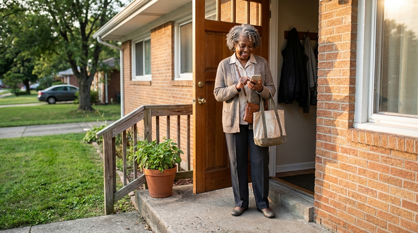 Older adult paratransit rider checking a pickup notification on her phone at her front door with a bag ready for her trip