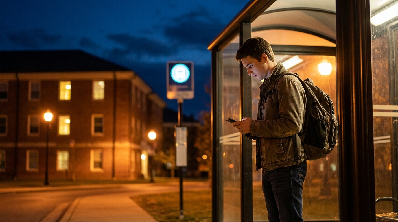 College student checking ride status on phone at campus shuttle stop at night