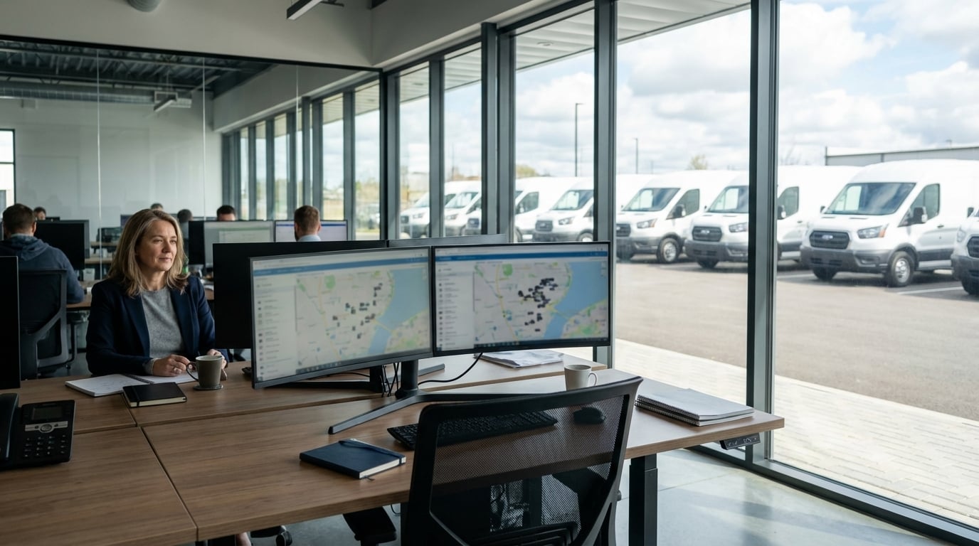 Fleet operations manager monitoring multi-client transportation programs from office