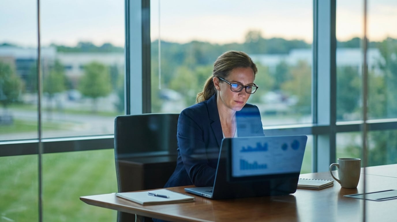 HR director reviewing employee transportation program data on laptop