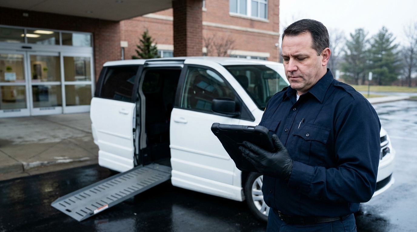 NEMT driver reviewing trip assignments on tablet beside accessible transport vehicle