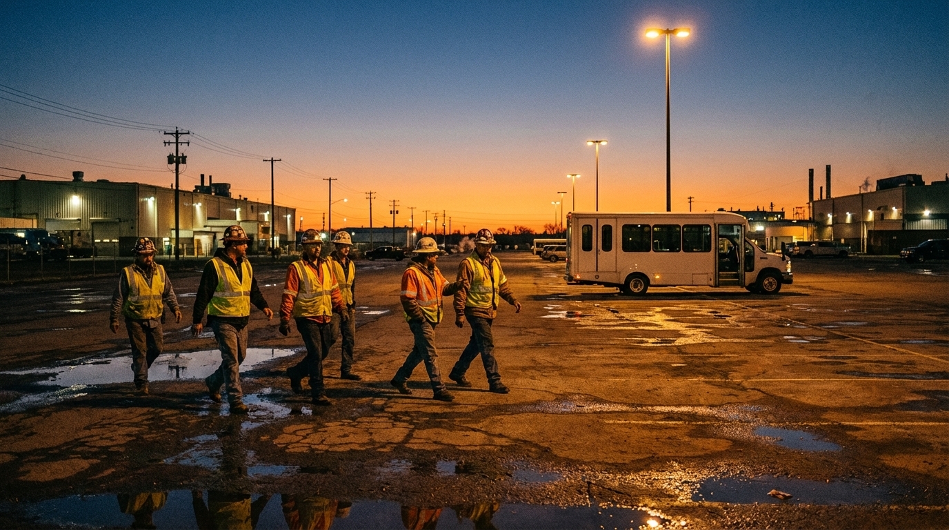 Employees in safety vests boarding corporate shuttle at dawn shift change
