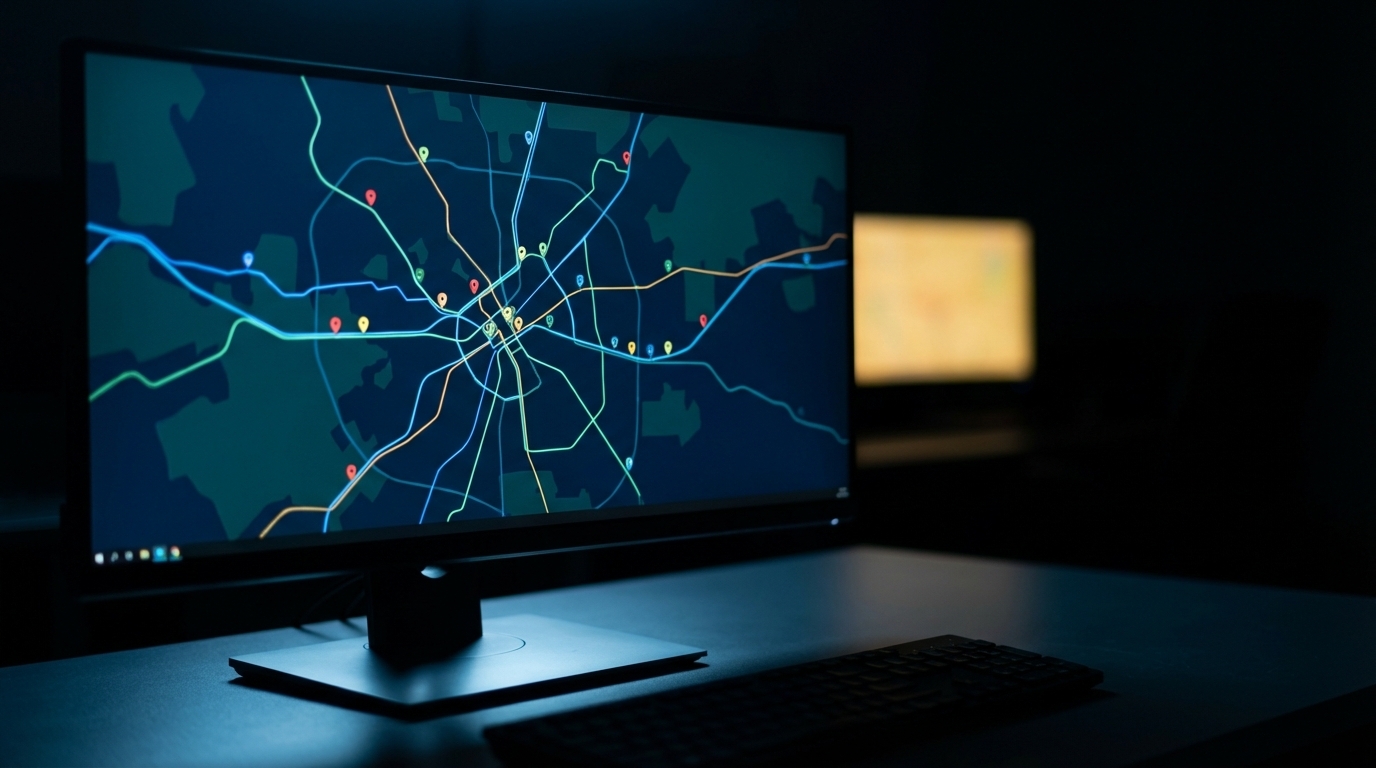 Glowing live dispatch monitor in a dark transit operations room showing real-time fleet tracking and vehicle status