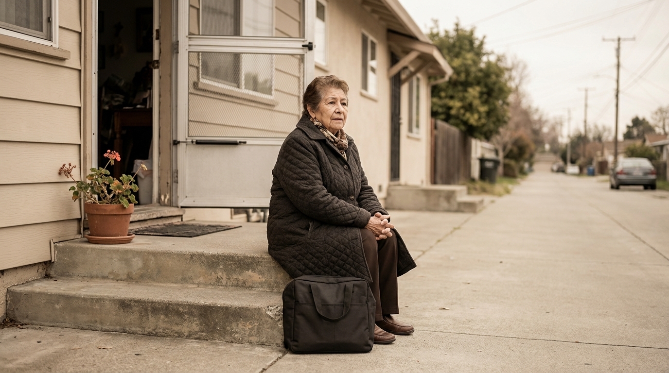 Elderly NEMT rider sitting on front steps with a medical bag looking down an empty street waiting for a ride that has not arrived