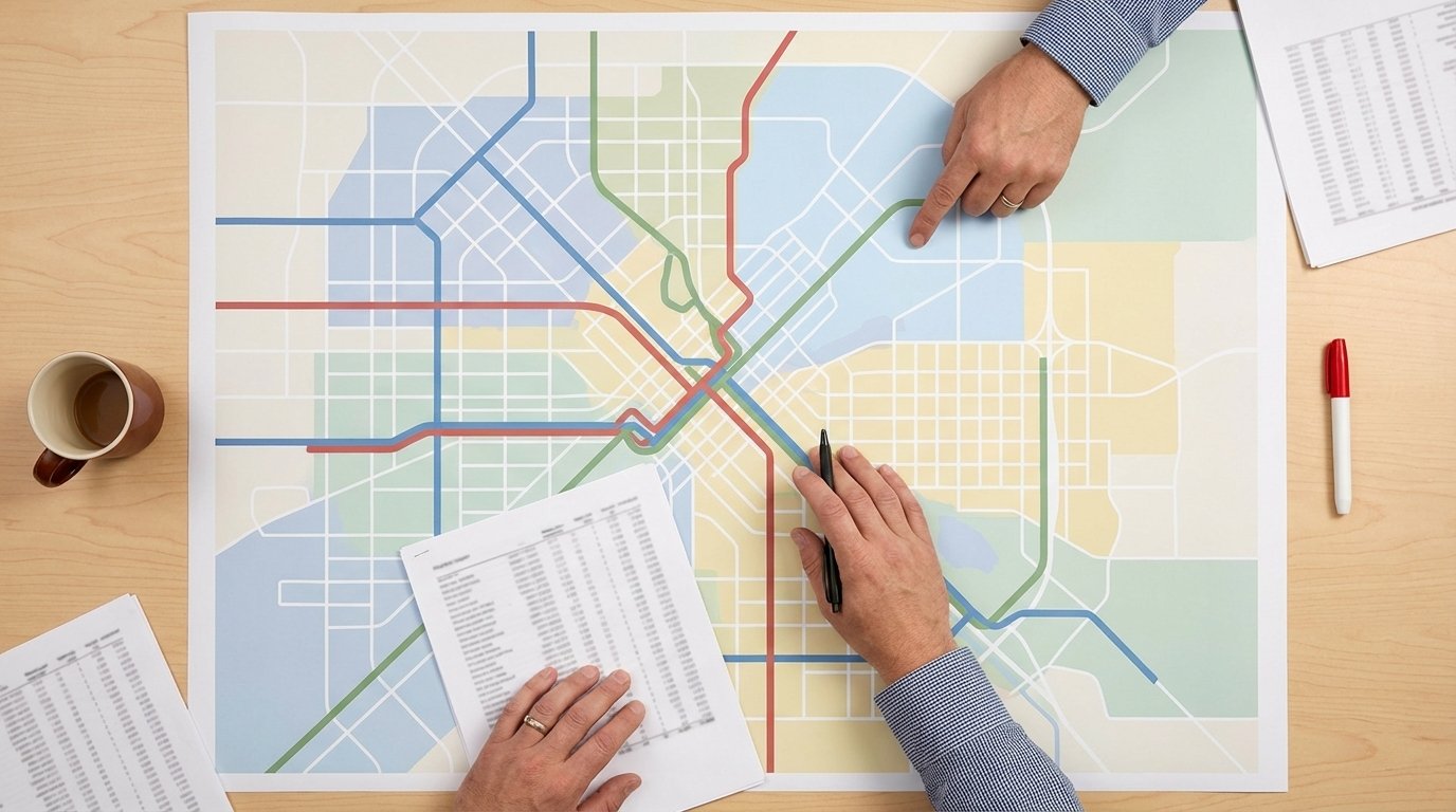 Transit planners reviewing a printed route map from overhead, evaluating coverage gaps and vehicle deployment for route optimization