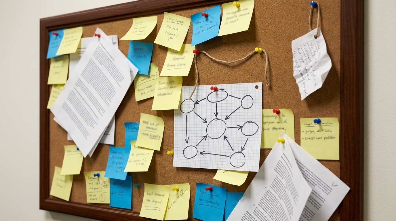 Transit office bulletin board covered in overlapping sticky notes, handwritten schedules, and pinned route diagrams representing manual dispatch coordination