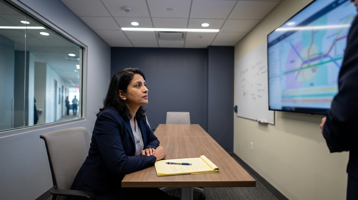 Transit operations manager attending a dispatch software vendor demo in a corporate meeting room during the evaluation and selection process