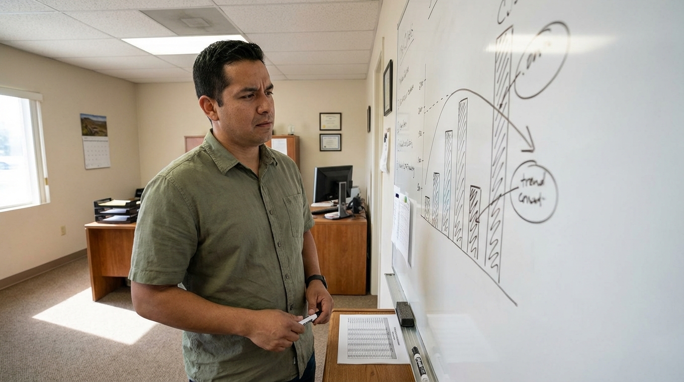 Small transit agency coordinator reviewing performance charts on a whiteboard in a municipal office for grant reporting and city council review