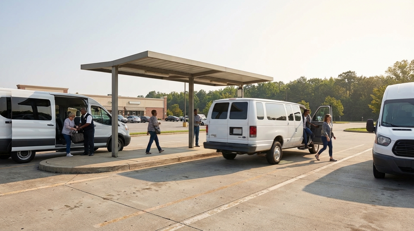 Three transit vans coordinating simultaneous pickups at a suburban transfer hub, illustrating fleet efficiency enabled by route planning software