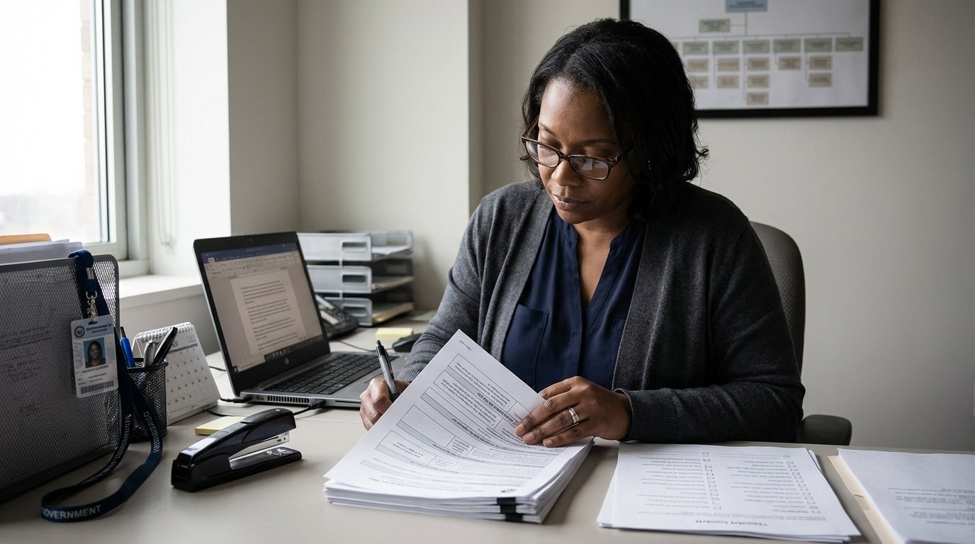 Municipal procurement officer annotating a transit software RFP document at a government office desk during the vendor selection process