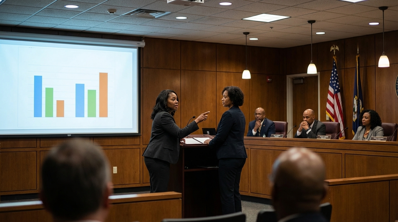 Transit coordinator presenting technology ROI data to city council in a municipal chamber with a performance bar chart on the projection screen