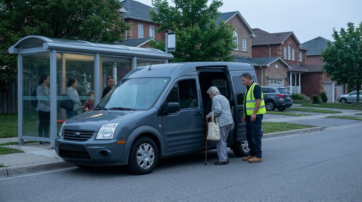 Diverse passengers boarding a microtransit van at a suburban stop, illustrating on-demand community transit in a low-density neighborhood