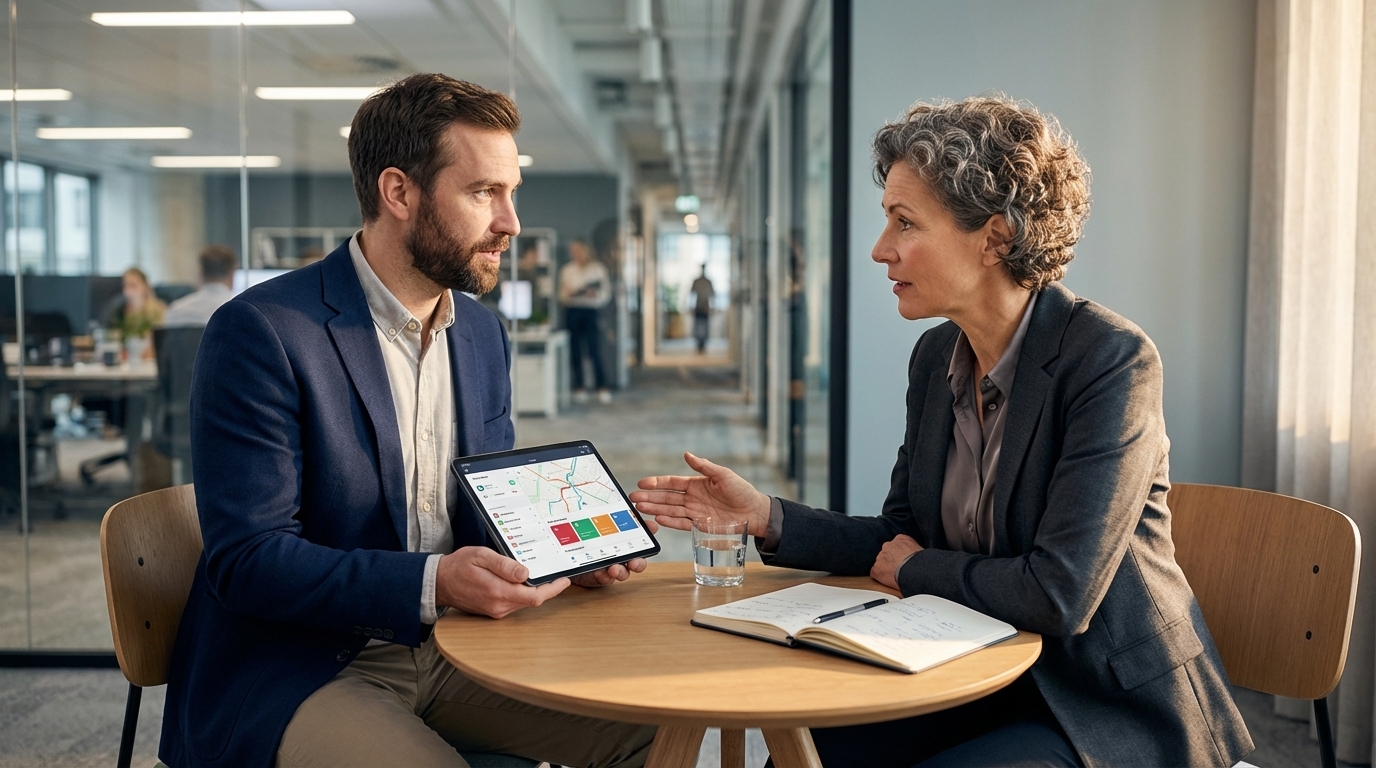 Fleet operator showing a branded white-label transit rider app on a tablet to a prospective municipal client